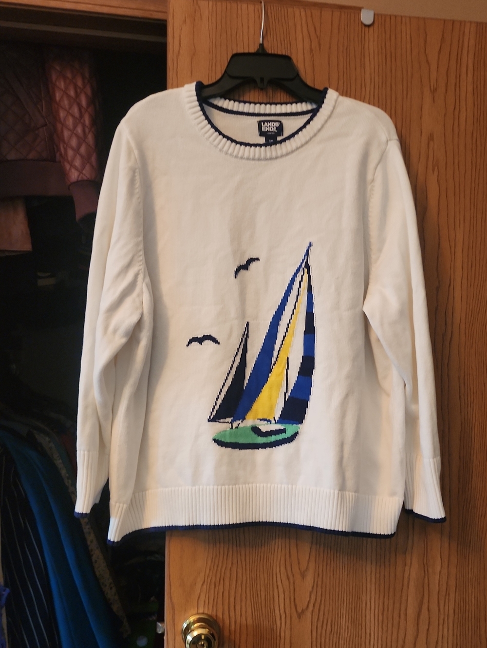 Lands' End White Nautical Sailboat Crewneck Sweater with Blue and Yellow Accents
